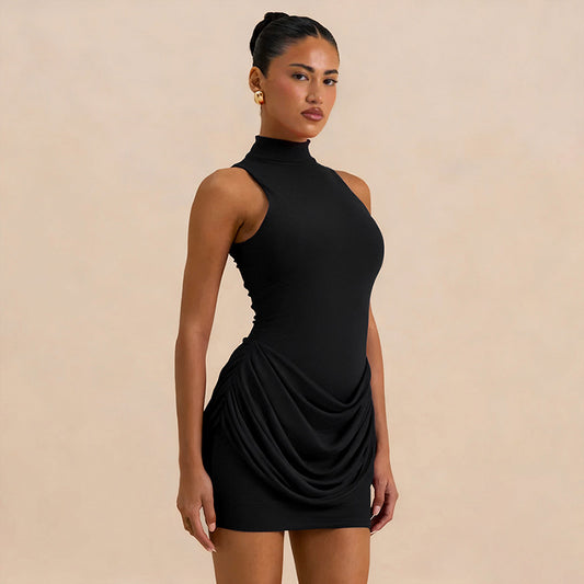 MB1453 Mock Neck Sleeveless Ruched Mini Dress