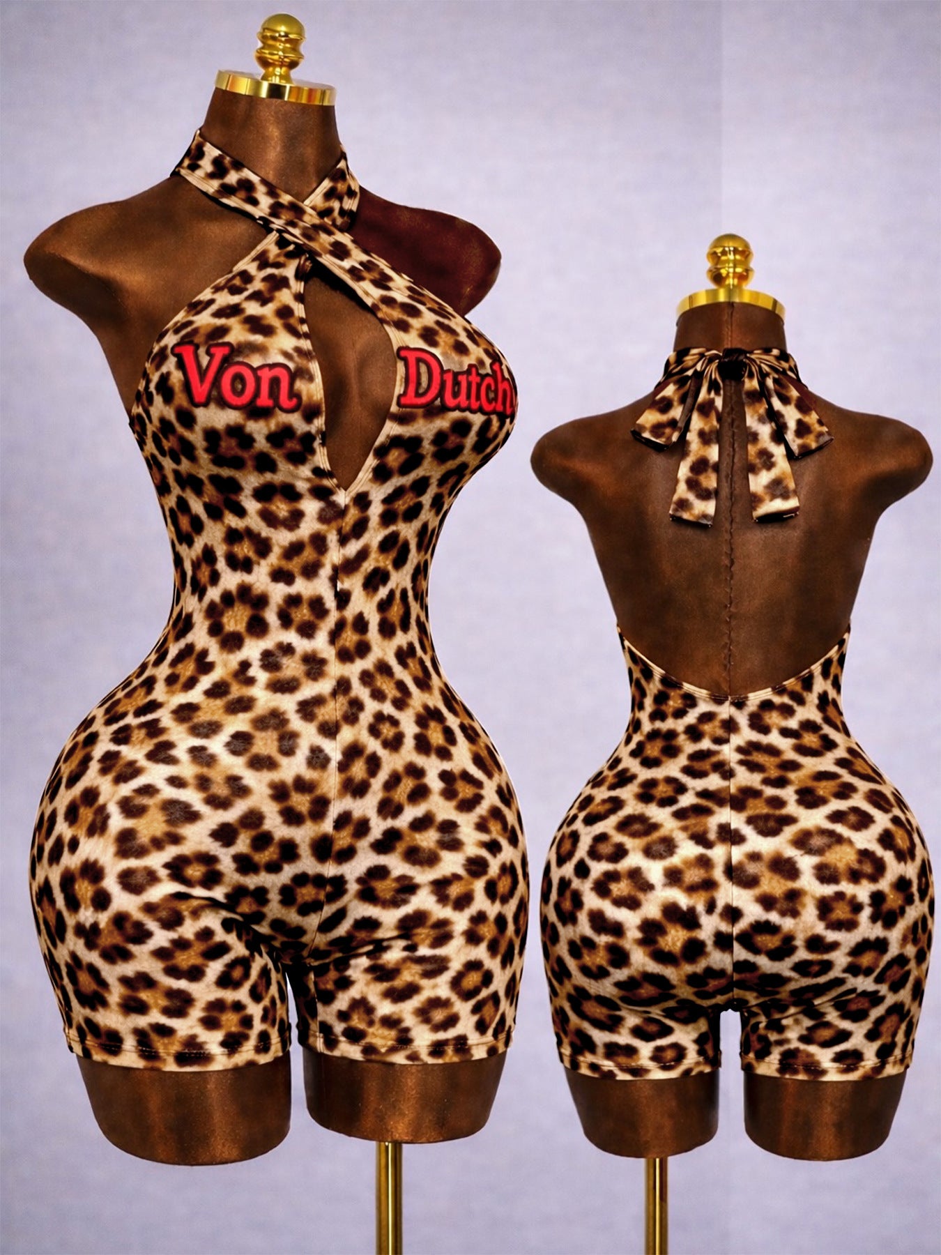 MB1729 Leopard Print Halter Neck Romper – Sexy Cutout Backless Bodycon Short Jumpsuit