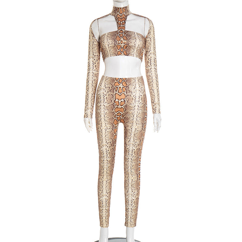 MB10129 Women's Snake Print Cutout Crop Top & Leggings Two Piece Set
