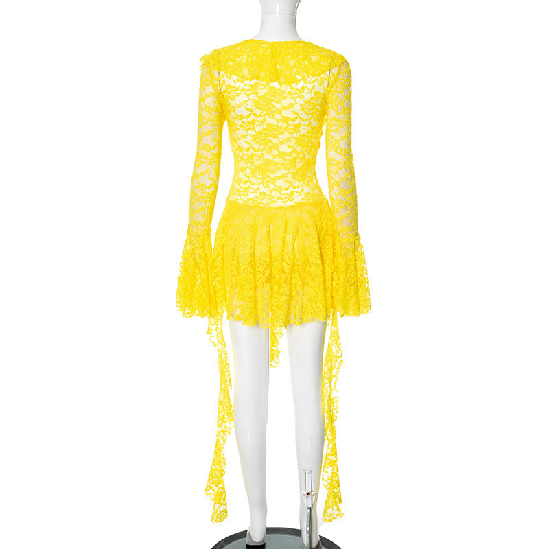 MB10118 Lace Dress with Bell Sleeves - Women's Party Outfit