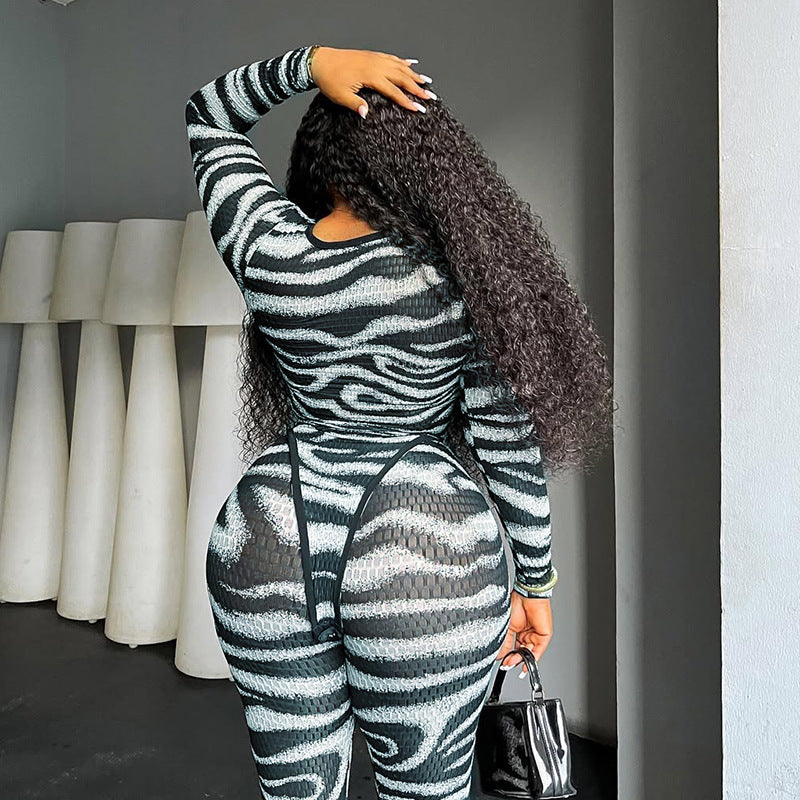 MB1054 Zebra Print Cutout Bodysuit & Pants Women's Two-Piece Set