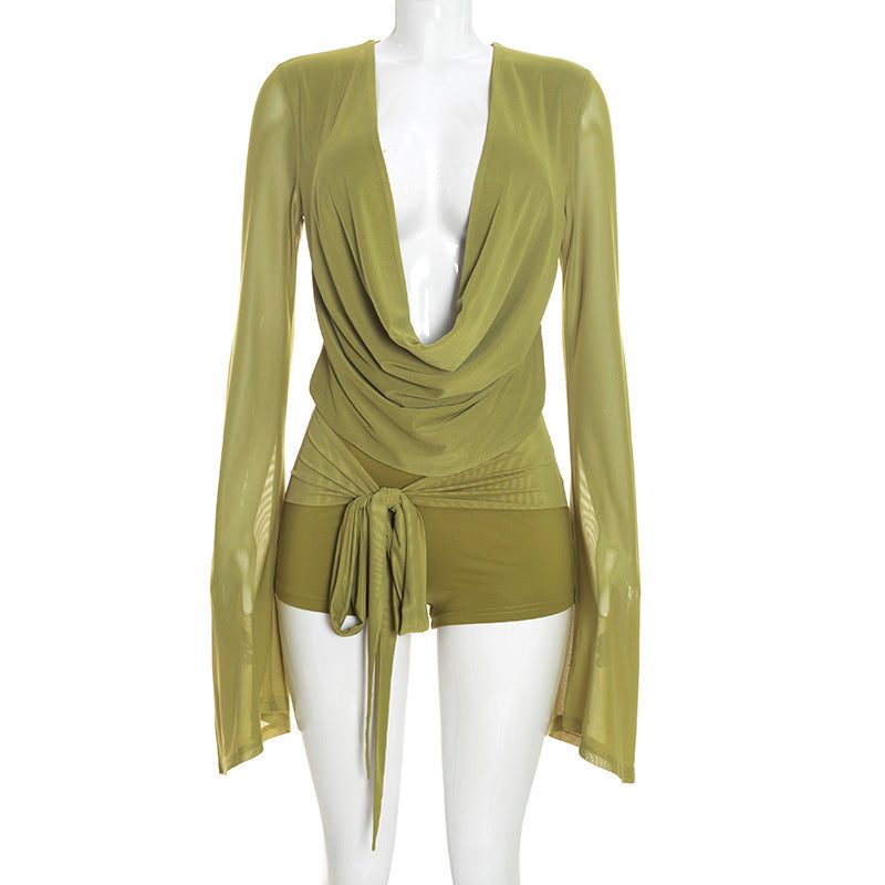 MB10195 Women Mesh Flare‑Sleeve Romper