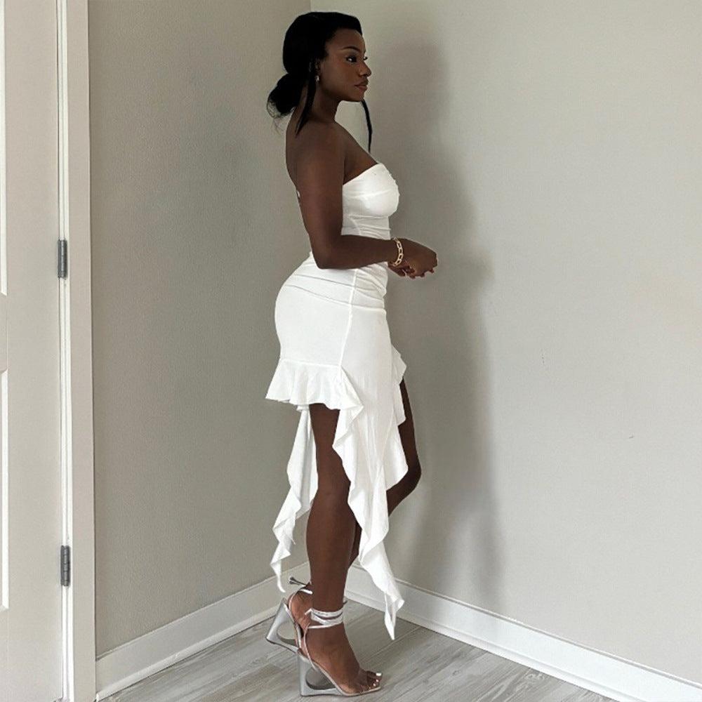 MB1228 White Strapless Ruffle High Low Bodycon Mini Dress | Ruched Party Dress