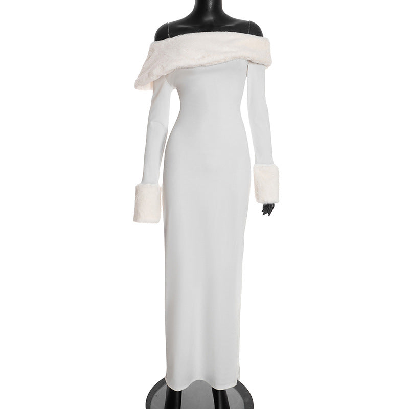 MB1419 White Faux Fur Trim Bodycon Maxi Dress for Women