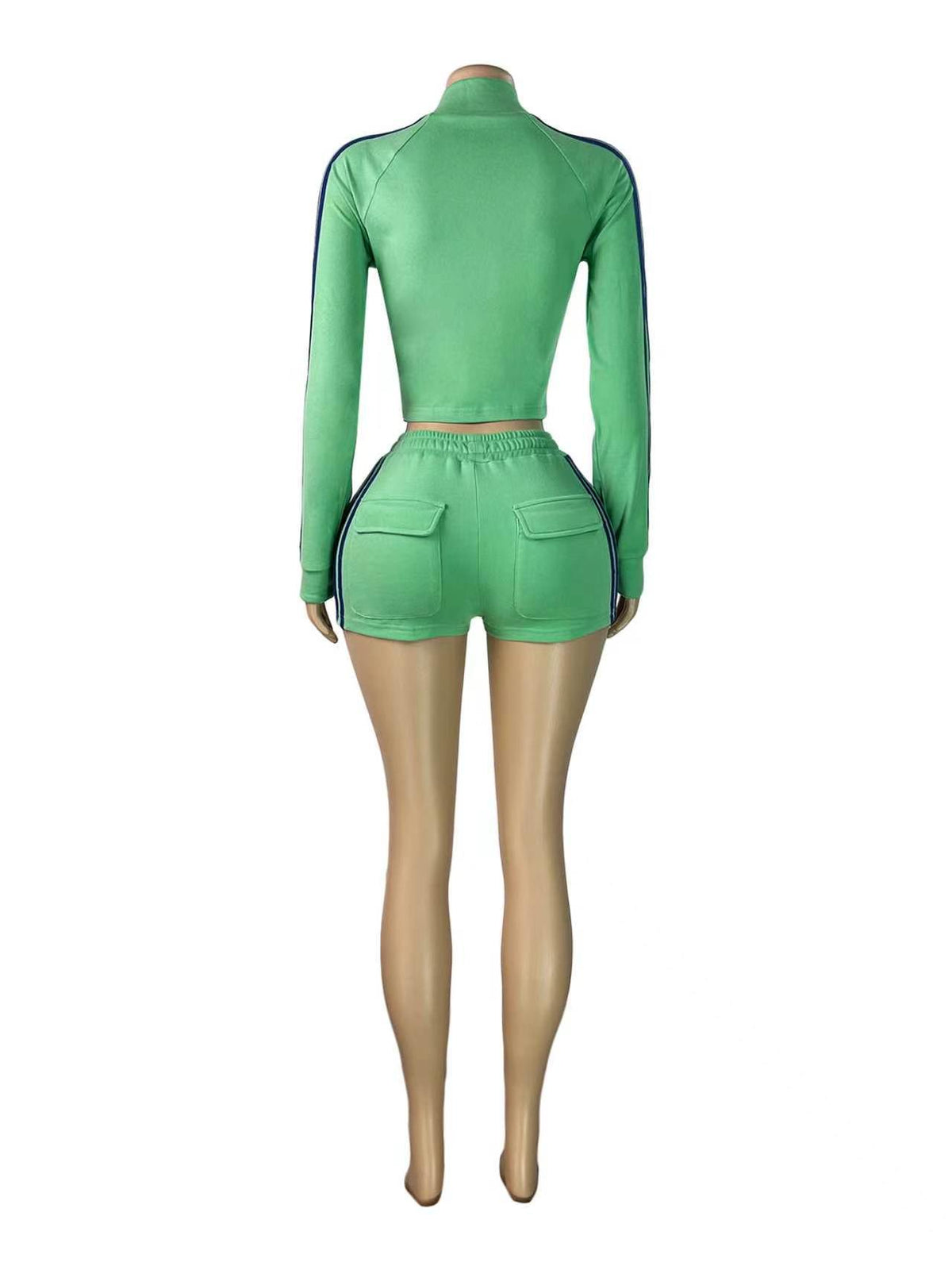 MB1731 Striped Velour Cropped Jacket & High‑Waist Shorts 2‑Piece Tracksuit Set