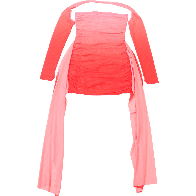 MB1809 Women's Pink-to-Red Gradient Ruched Mini Dress