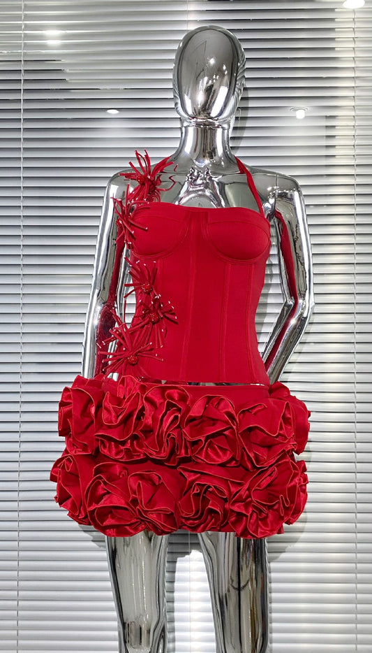 MB2110 3D Floral Ruffle Two‑Piece Bandage Set, Halter Top Mini Skirt utfit