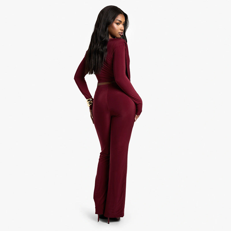 MB1066 Women's Cowl Neck Top &  Wide Leg Pants Two-Piece Set