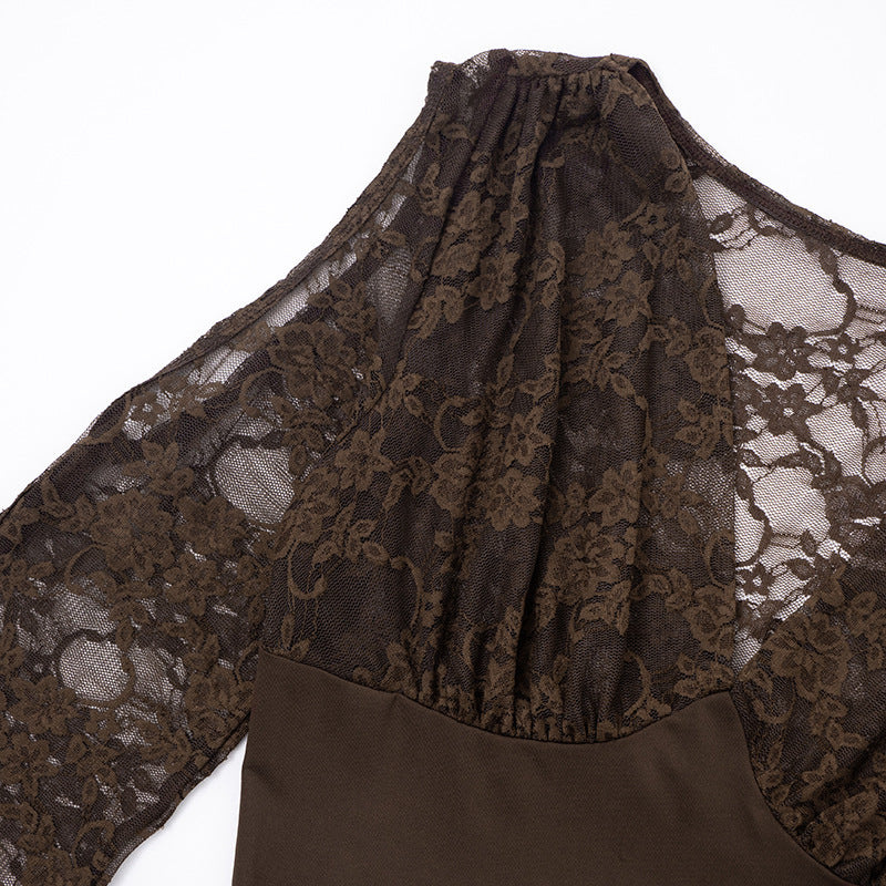 MB1415 Brown Lace Long Sleeve Mini Dress for Women