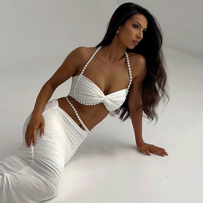 MB1128 Pearl Accent Crop Top & Ruched Bodycon Maxi Skirt Two Piece Set