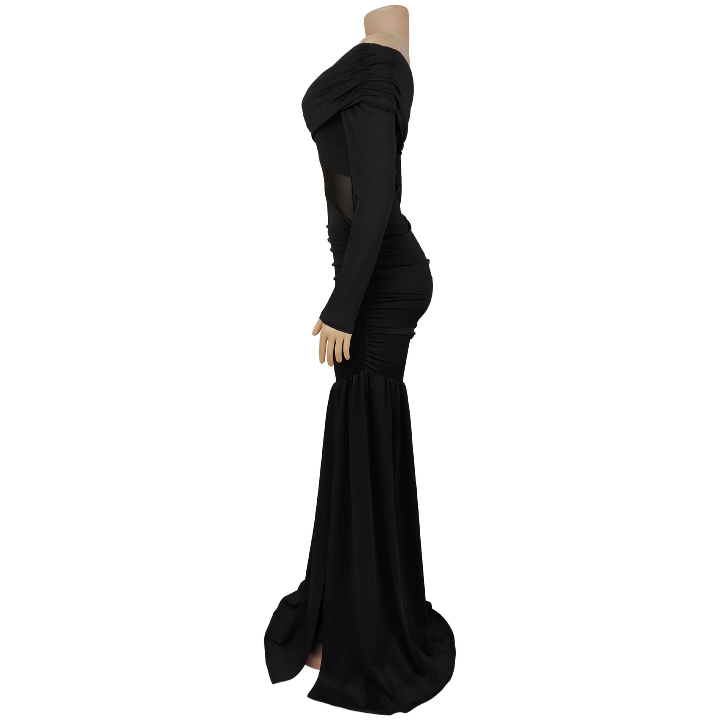 MB1614 Off-the-Shoulder Mesh Cutout Ruched Maxi Dress with Slit