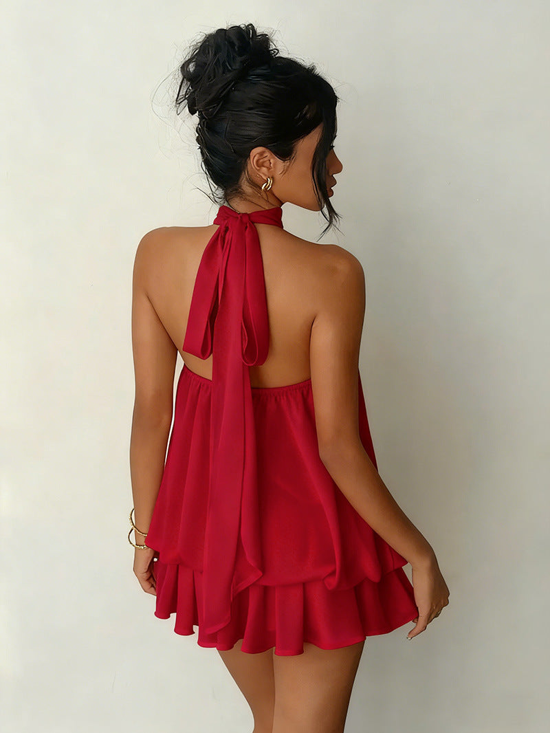 MB2001  Halter Backless Mini Dress - Flowy Ruffle Chiffon Party Dress for Women 