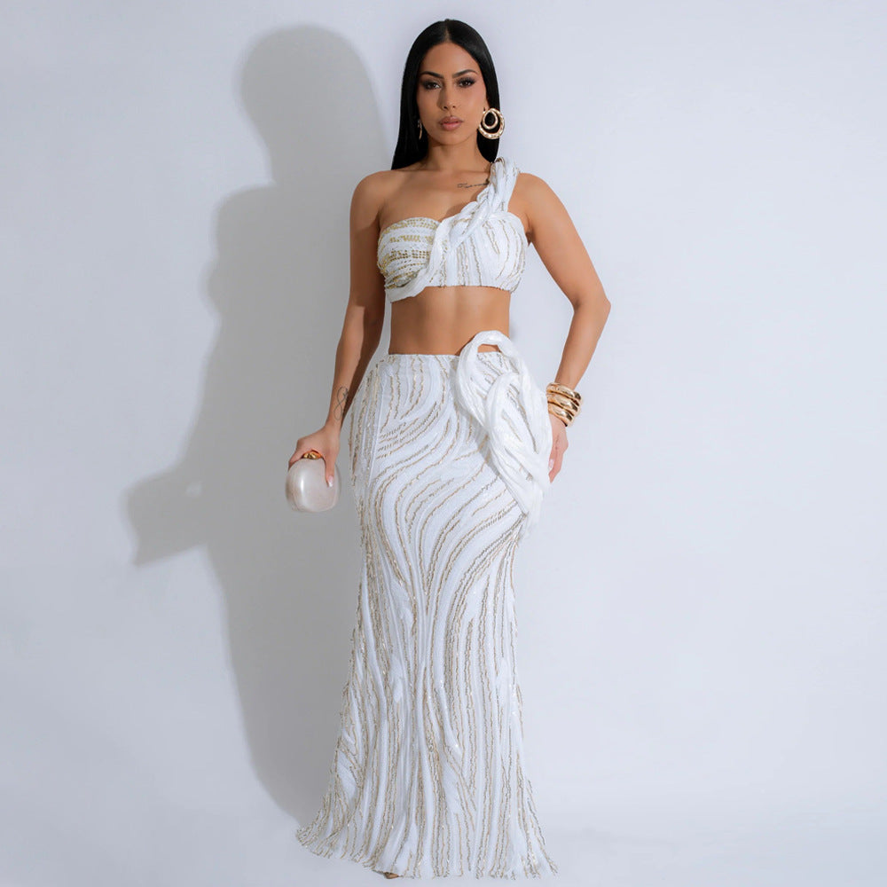 MB1219 Sequin One-Shoulder Crop Top & Bodycon Maxi Skirt Two Piece Set