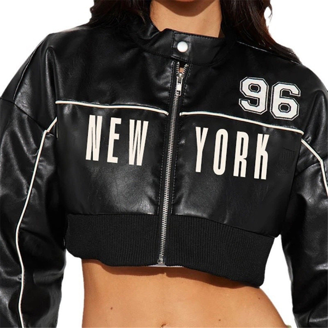 MB1106 Black Cropped PU Leather Bomber Jacket