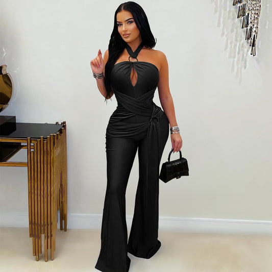 MB1603 Halter Formal Jumpsuit - Cutout Chest Crisscross Ruched Flared Leg