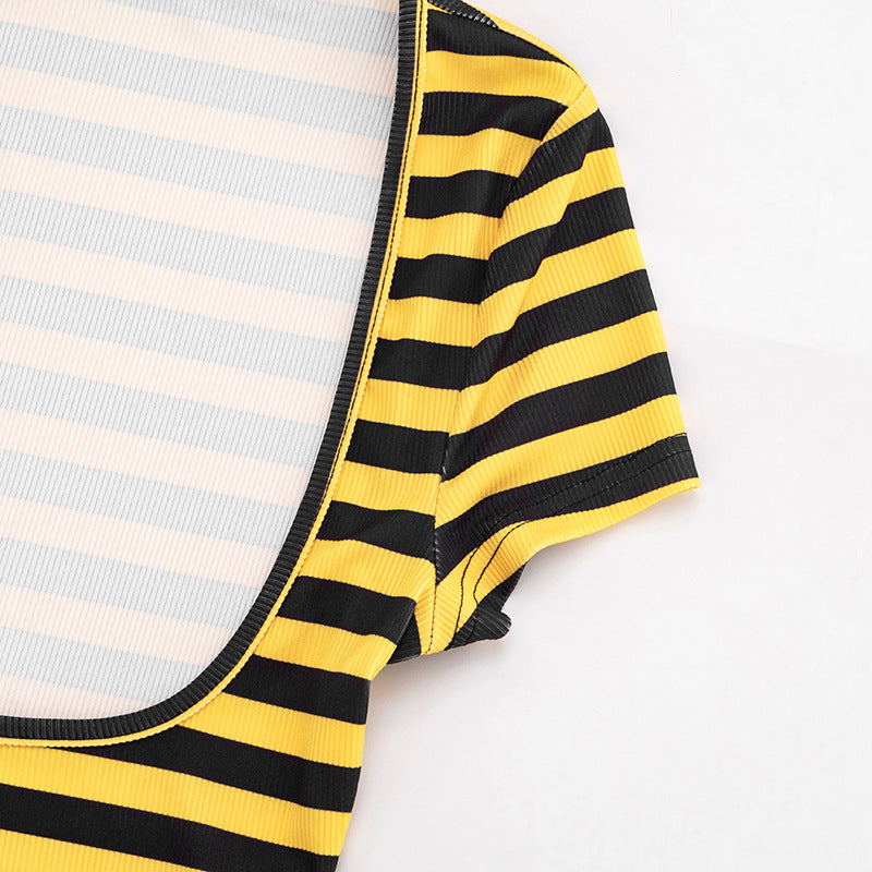 MB10164 Striped 3 Piece Outfit Women | Halter Tie Bralette + Short Sleeve Crop Top + Ruched Drawstring Shorts Matching Set