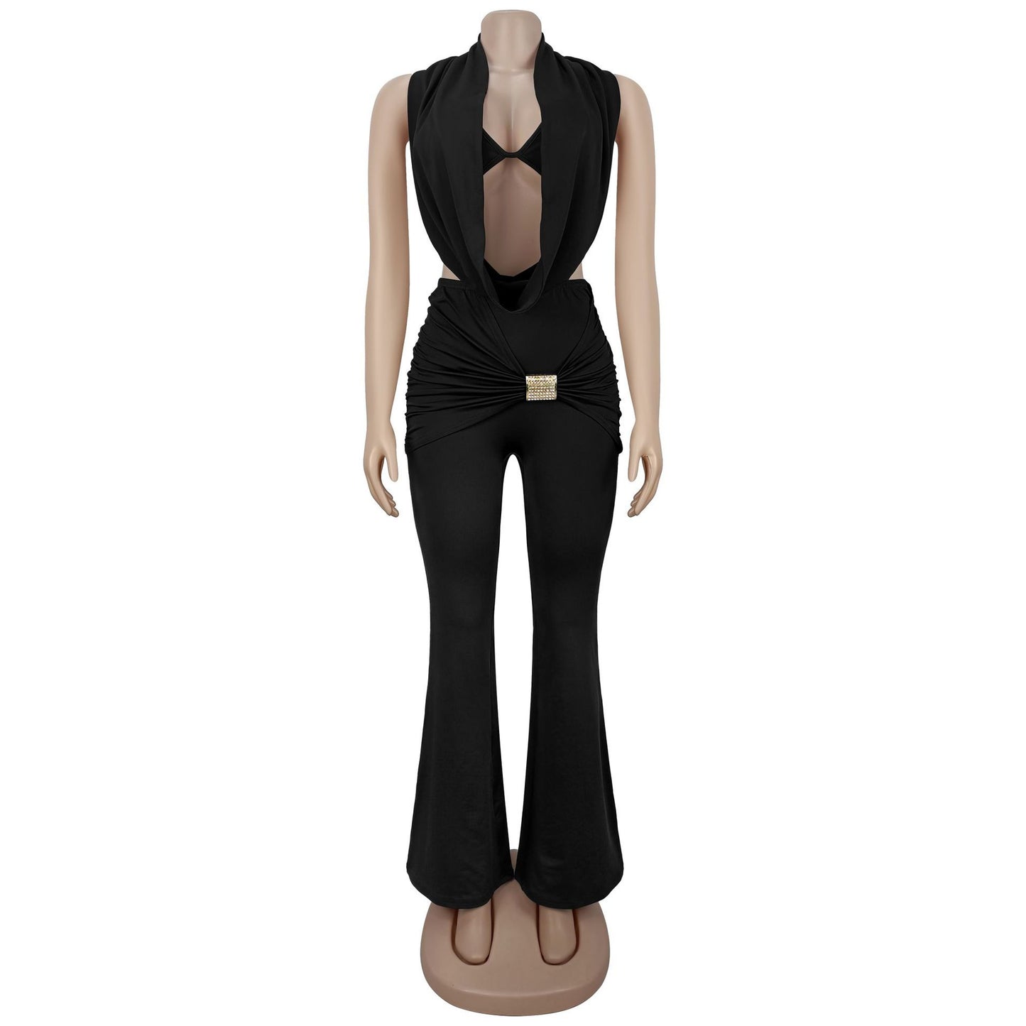 MB1617 Halter Cutout Top & Ruched Flared Pants Two-Piece Set