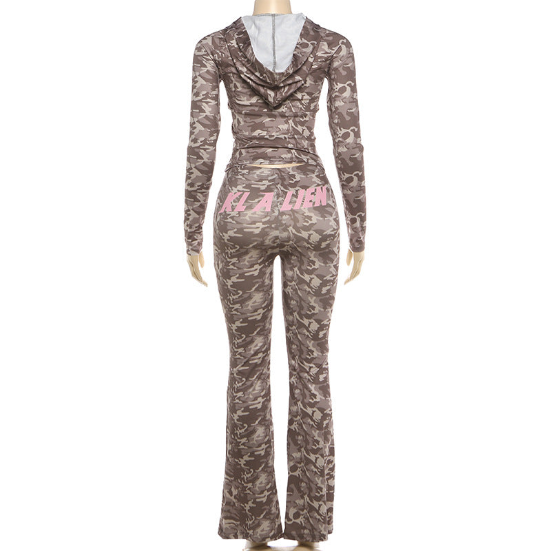 MB1830 Women's Leopard Print Zip Up Hoodie & Flared Pants 2 Piece Set