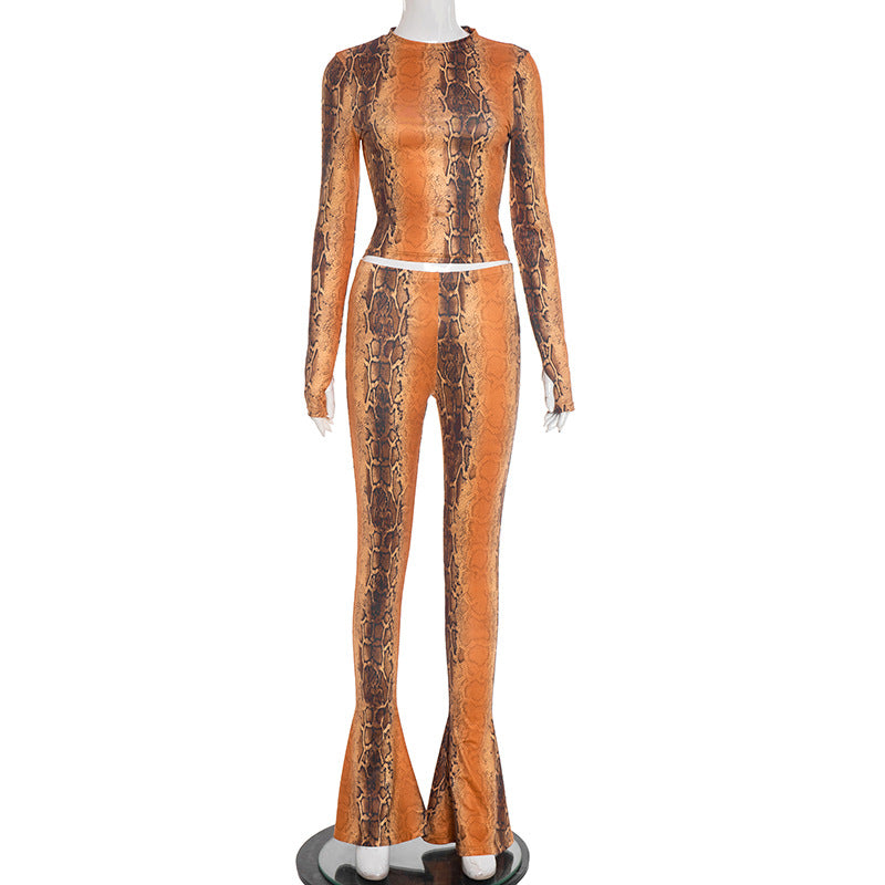 MB1431 Orange Snake Print Crop Top & Flared Bell Bottom Pants
