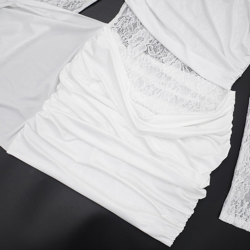 MB1440 Lace Panel Ruched Mini Dress with Side Tie