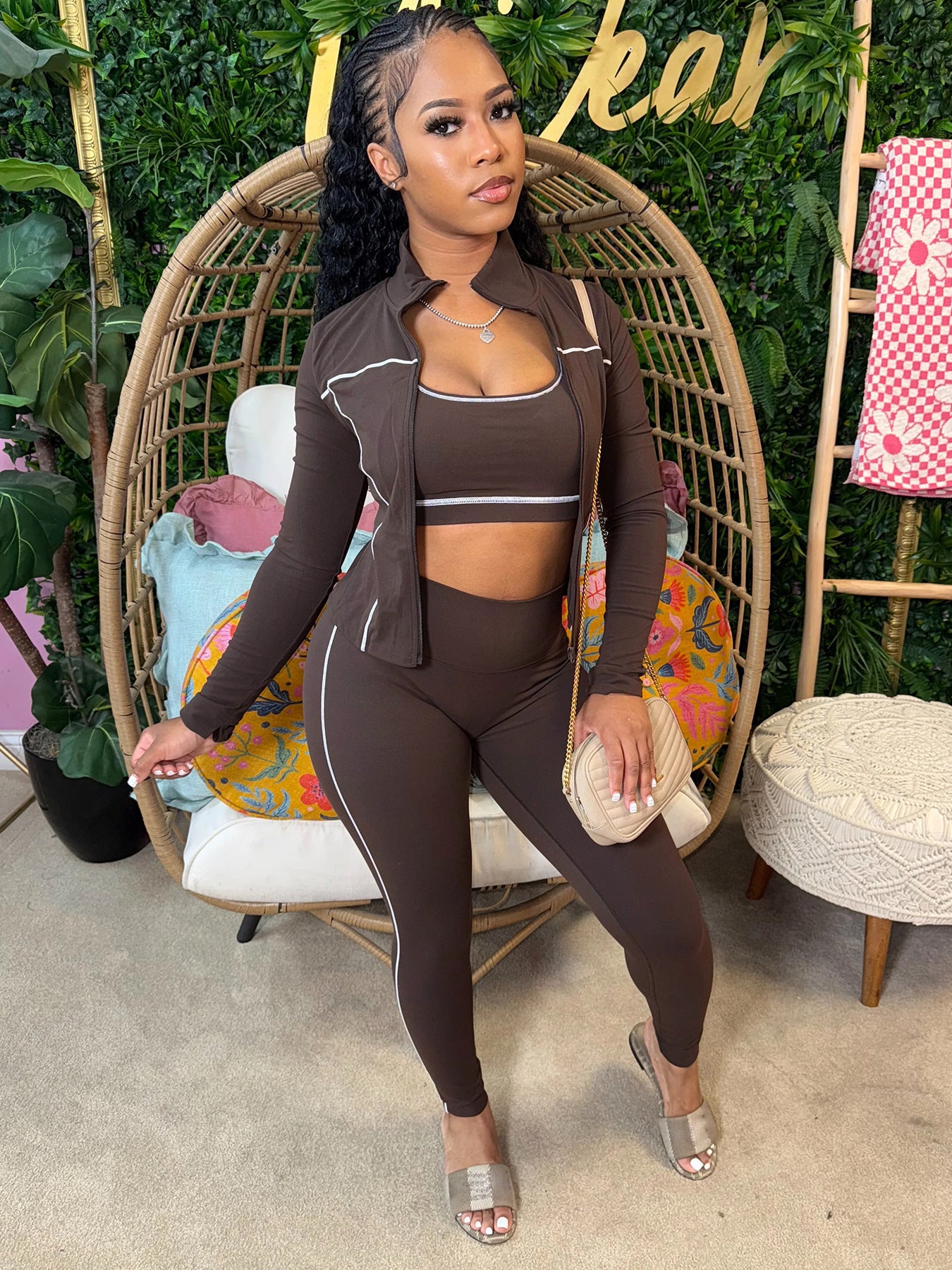 Women's 3-Piece Set: Racerback Crop Tank + Zip-Up Jacket + High-Waisted Leggings