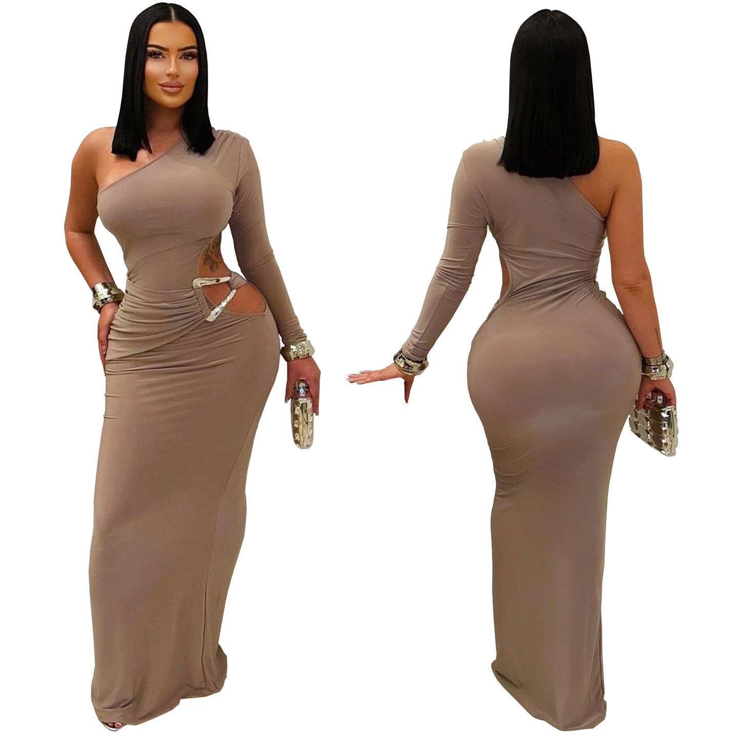 MB1628 Women's One Shoulder Long Sleeve Cut Out Maxi Dress