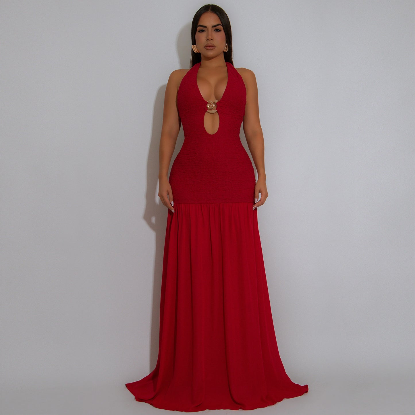 MB1613 Halter Neck Cutout Maxi Dress with Gold Accent