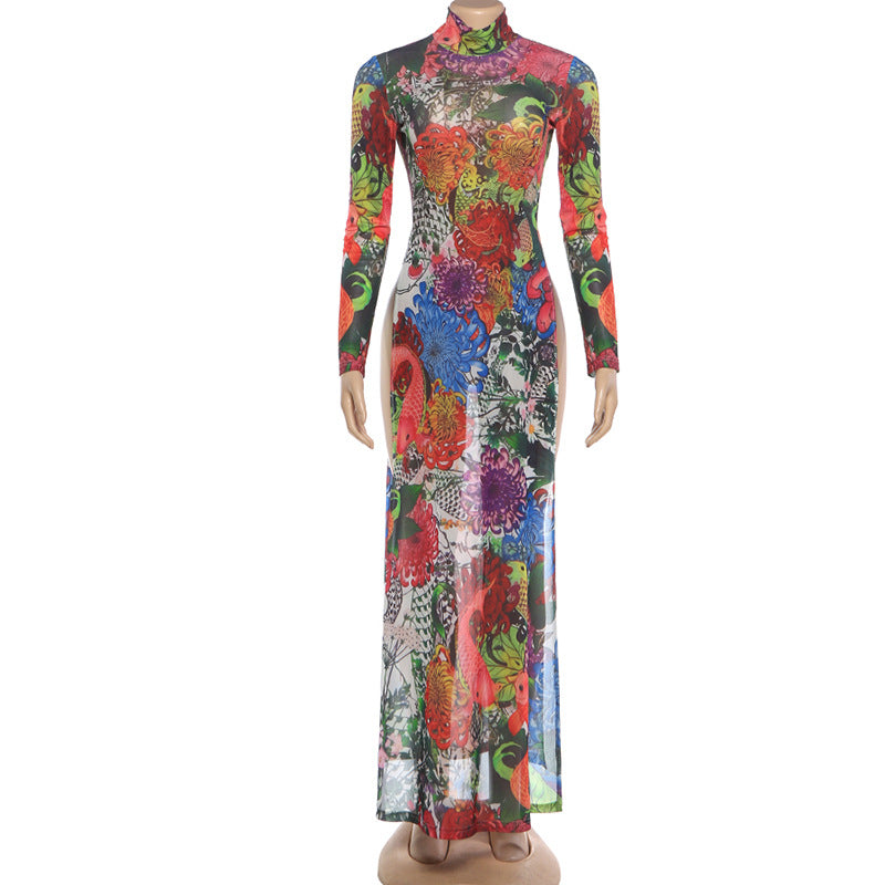 MB1838 Sexy High Neck Long Sleeve Sheer Maxi Dress with Tropical Floral & Koi Fish Print