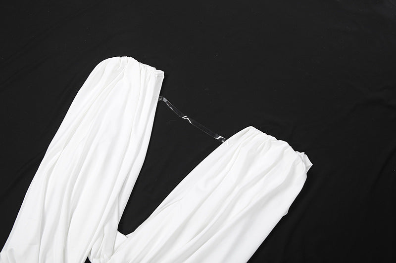 MB1151 Women’s White Deep V-Neck Ruched Mini Dress