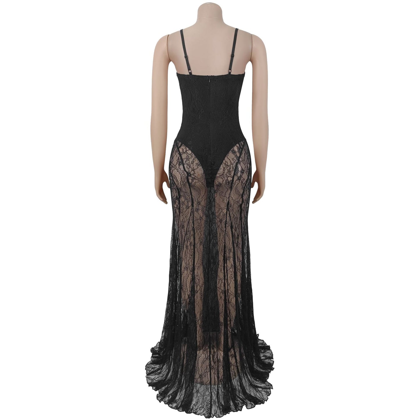 MB1626 Women's  Lace Spaghetti Strap Sheer Maxi Dress
