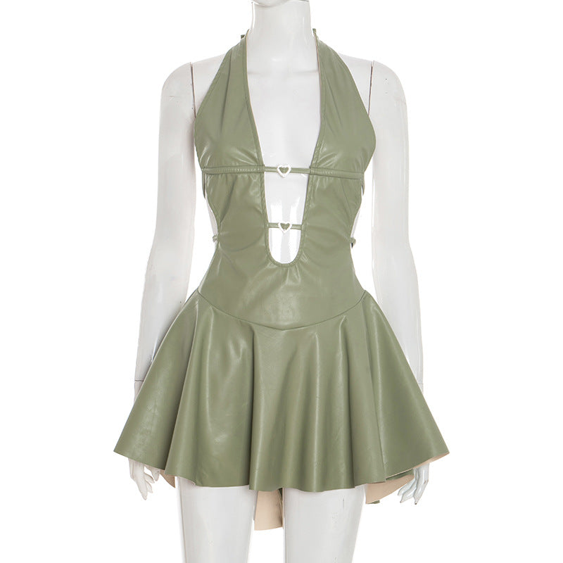 MB1085 Faux Leather Halter Dress Mini Dress for Women