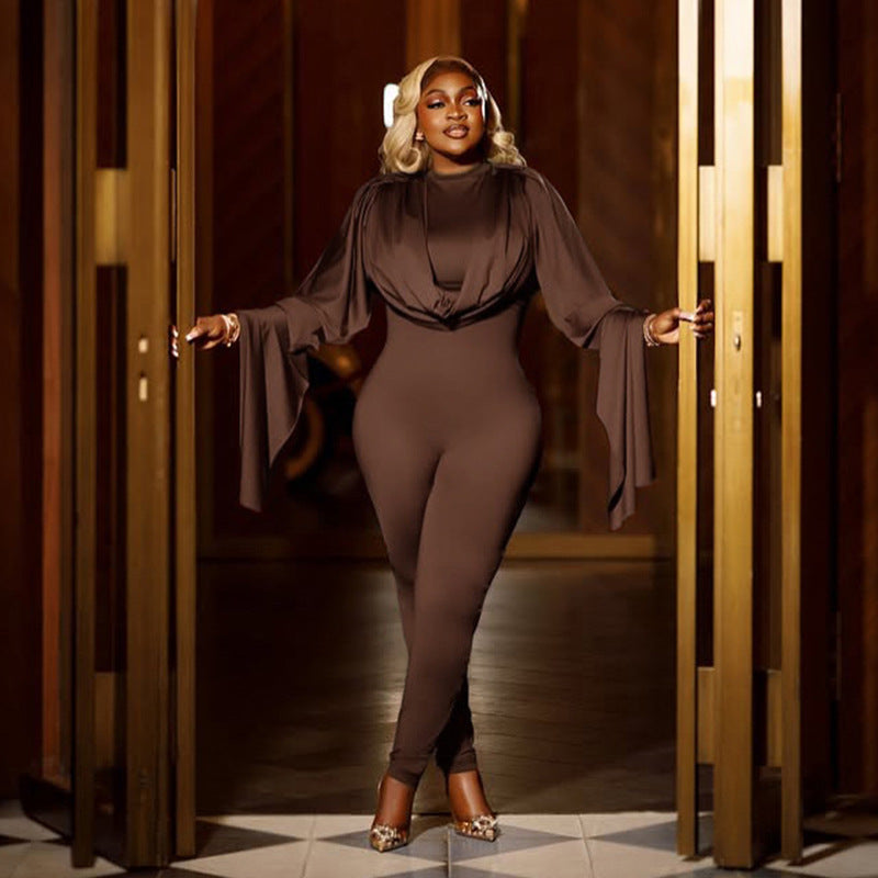 MB10121 Ruched Cape Sleeve Jumpsuit - Bodycon Formal Romper