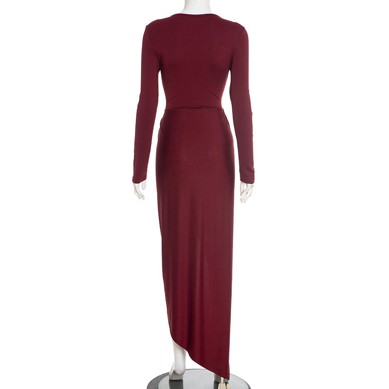 MB1402 Crew Neck Long Sleeve High Slit Maxi Dress