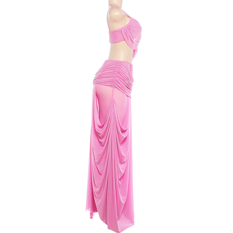 MB1901 Pink Two-Piece Mesh Set – Spaghetti Strap Crop Top & High Waist Maxi Skirt