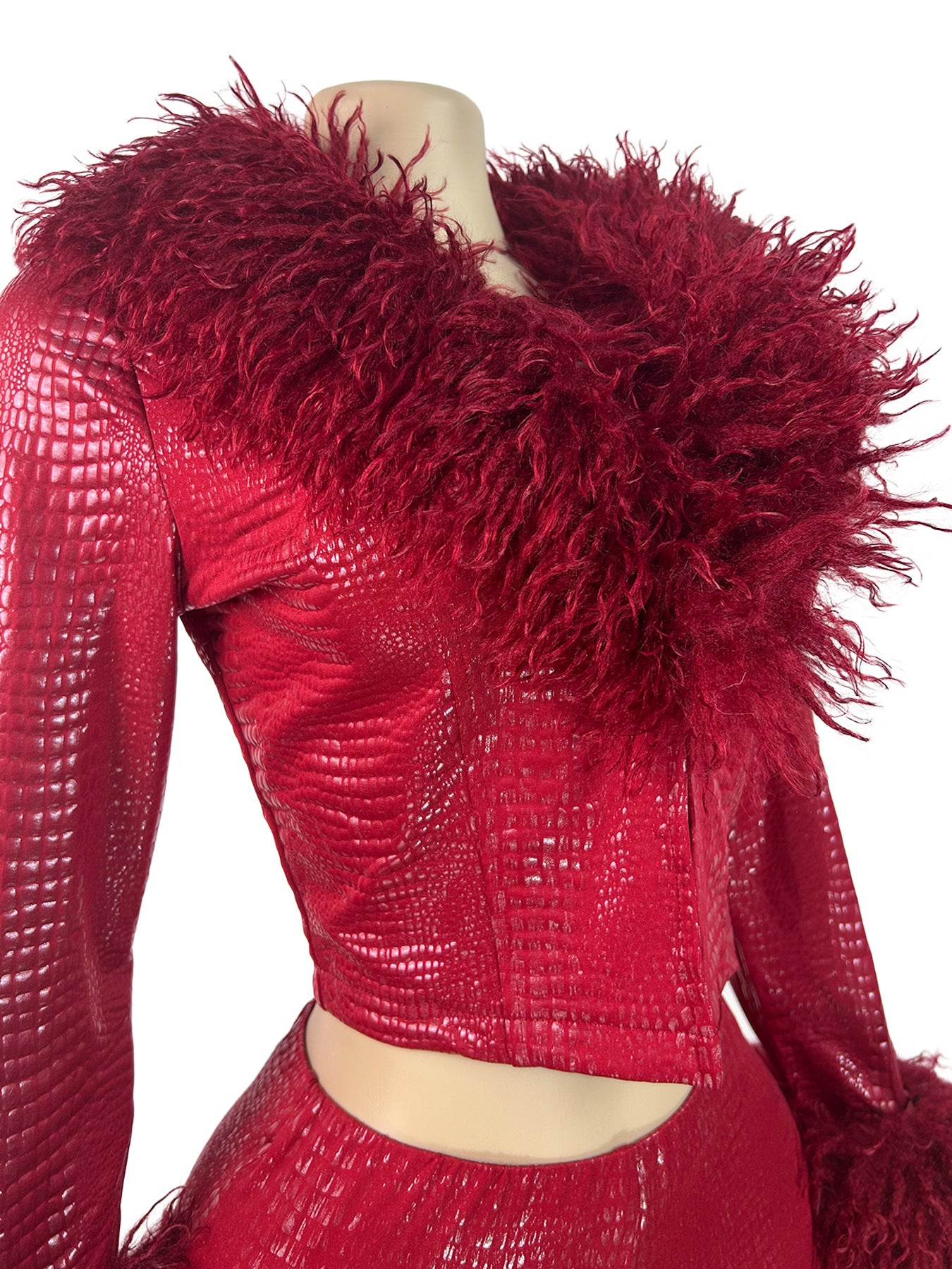 MB1726 Red Crocodile Print Faux Fur Trim 2 Piece Short Set | Cropped Jacket & Shorts