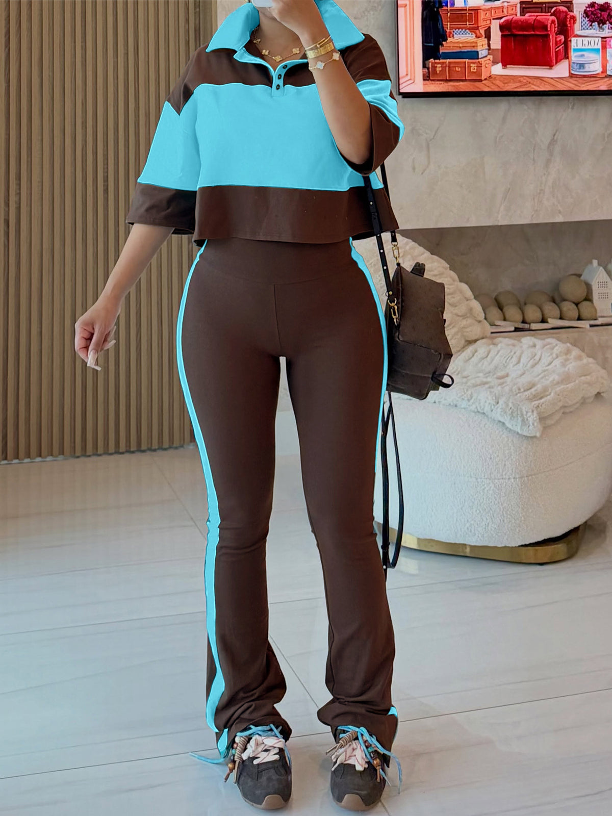 MB1736 Color‑Block Cropped Polo Top & Side‑Stripe Flare Pants 2‑Piece Set