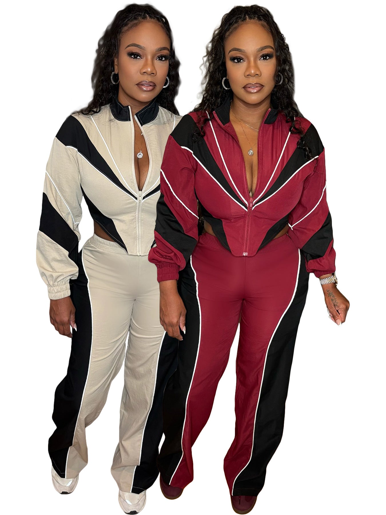 MB1705 Color Block Crop Jacket & Wide Leg Pants Two-Piece Set for Women