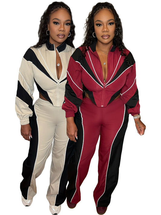 MB1705 Color Block Crop Jacket & Wide Leg Pants Two-Piece Set for Women