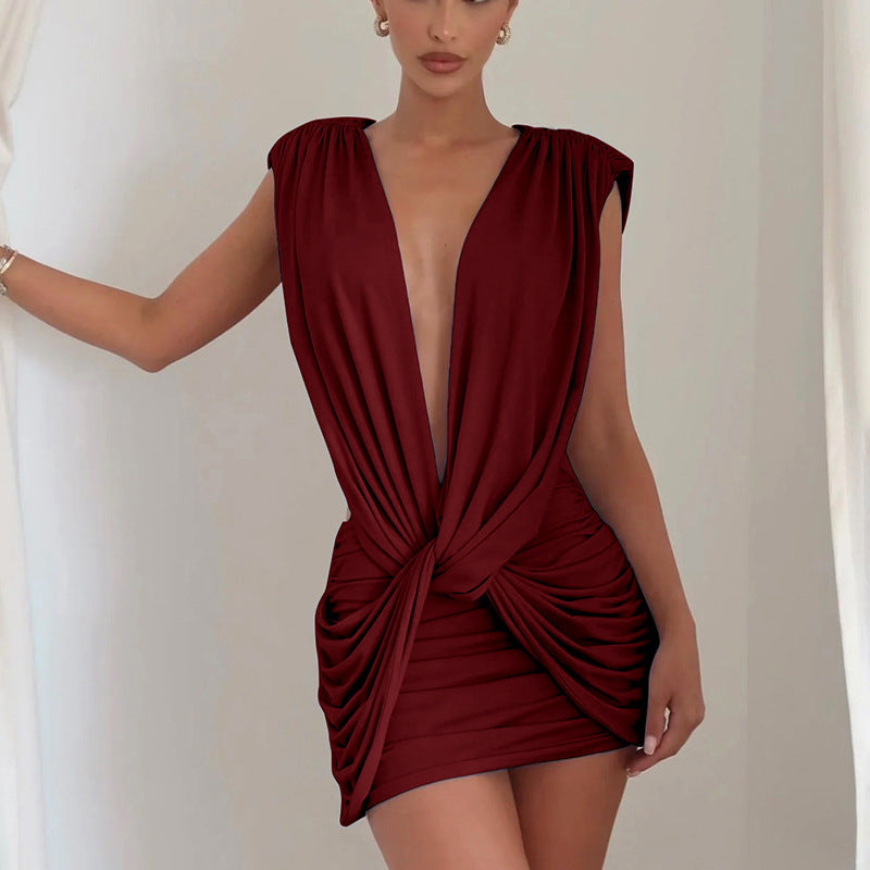 MB1462 Deep‑V Halter Draped Knot‑Front Backless Ruched Bodycon Mini Dress