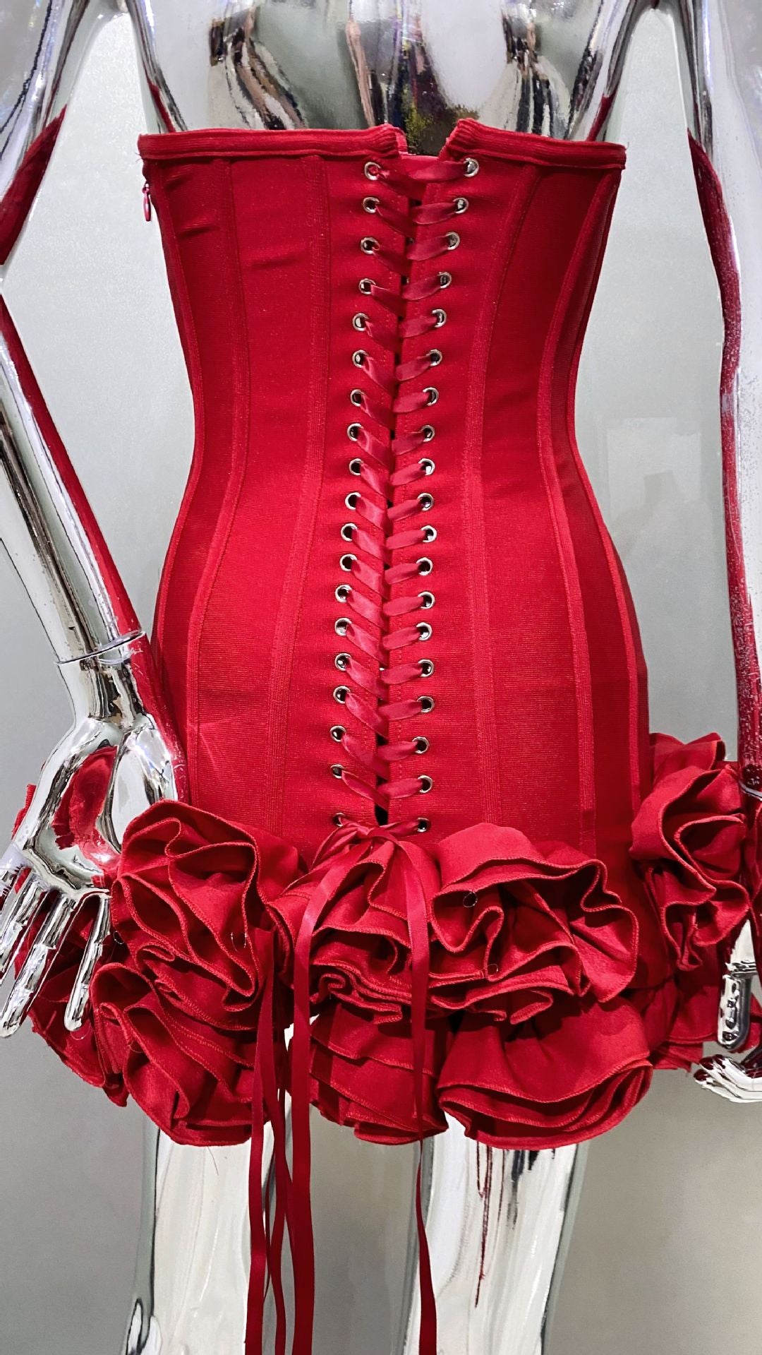 MB2104 Bandage Mini Dress, 3D Floral Ruffle Hem, Music Festival Gown