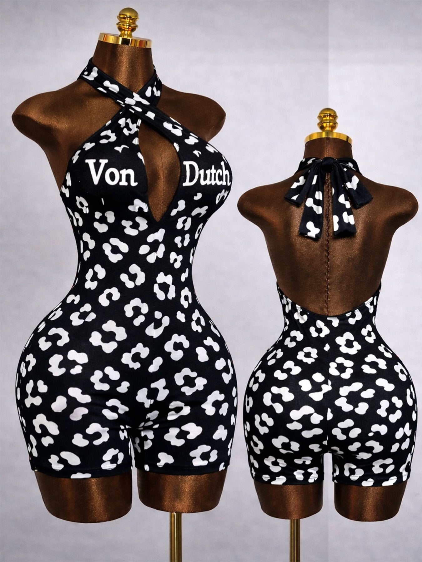 MB1729 Leopard Print Halter Neck Romper – Sexy Cutout Backless Bodycon Short Jumpsuit