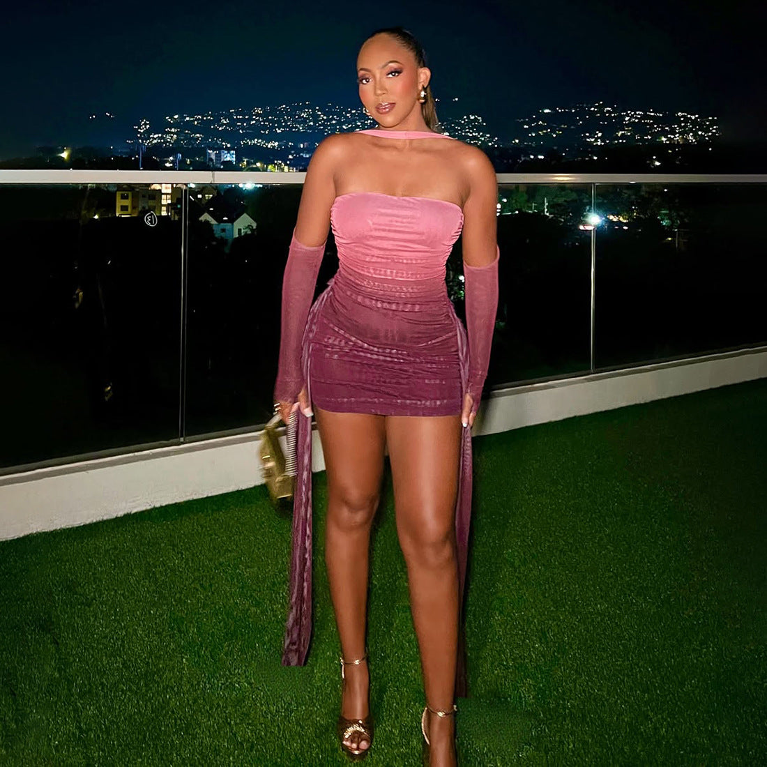 MB1809 Women's Pink-to-Red Gradient Ruched Mini Dress