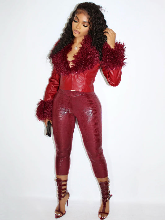 MB1707 Feather Collar & Cuff Trim Cropped Leather Zipper Jacket for Women