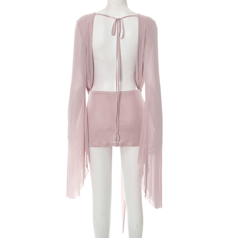 MB1031 Women's Mesh Backless Dress with Draped Neckline