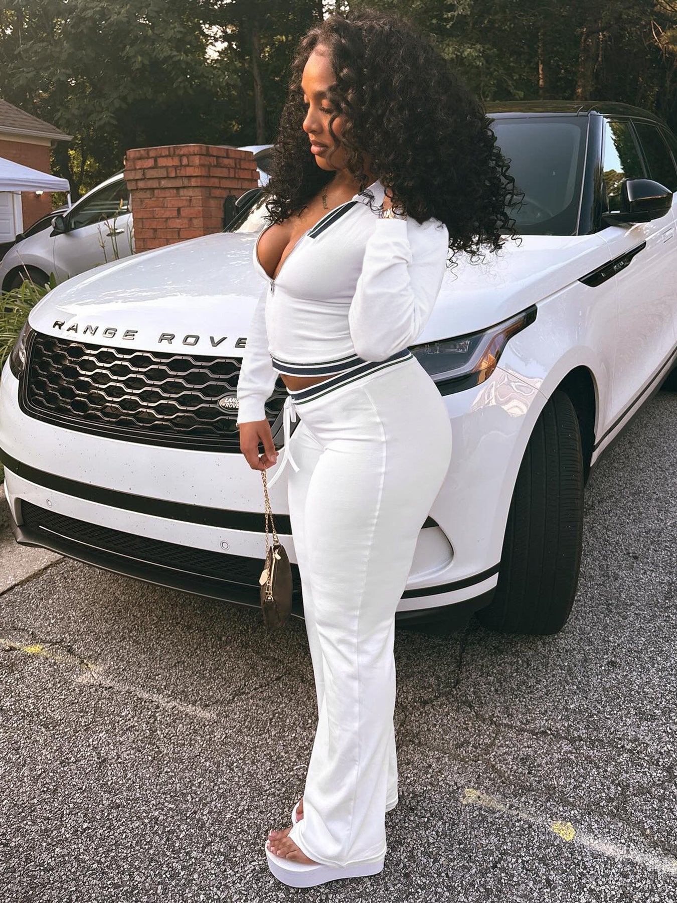 MB1713 Women's Half-Zip Crop Top & Drawstring Wide-Leg Pants Two-Piece Set