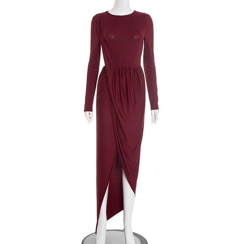 MB1402 Crew Neck Long Sleeve High Slit Maxi Dress