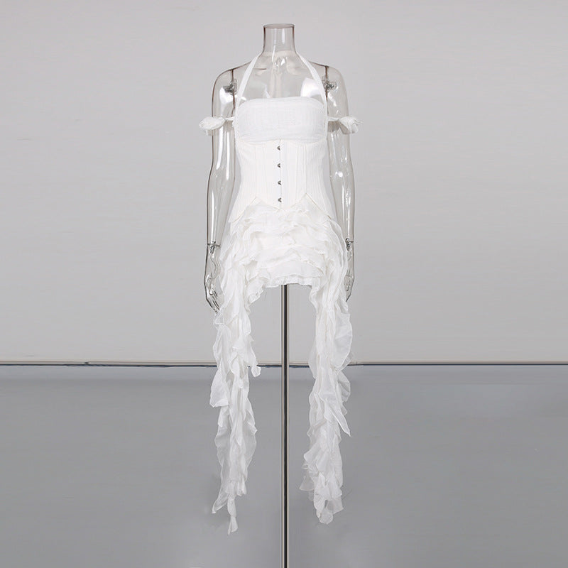 MB2002  Halter Neck Ruffle Fringe Mini Dress - Corset Backless Party Dress for Women 