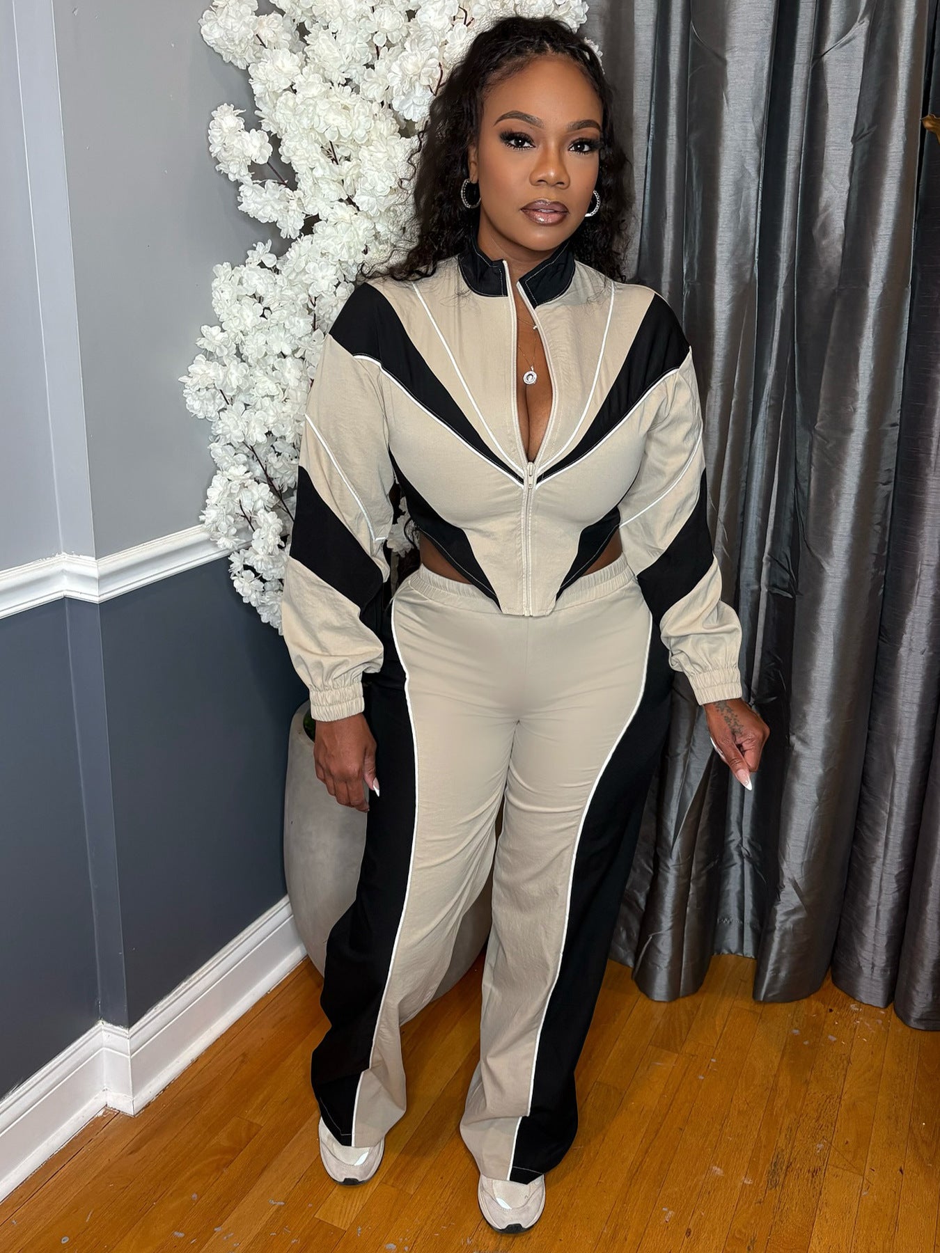 MB1705 Color Block Crop Jacket & Wide Leg Pants Two-Piece Set for Women