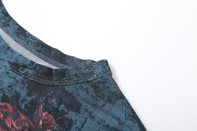 MB1138 Vintage Print Long Sleeve Mesh Top