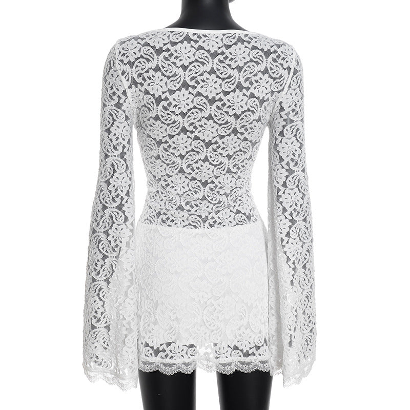 MB1444 White Lace Bell Sleeve Mini Dress